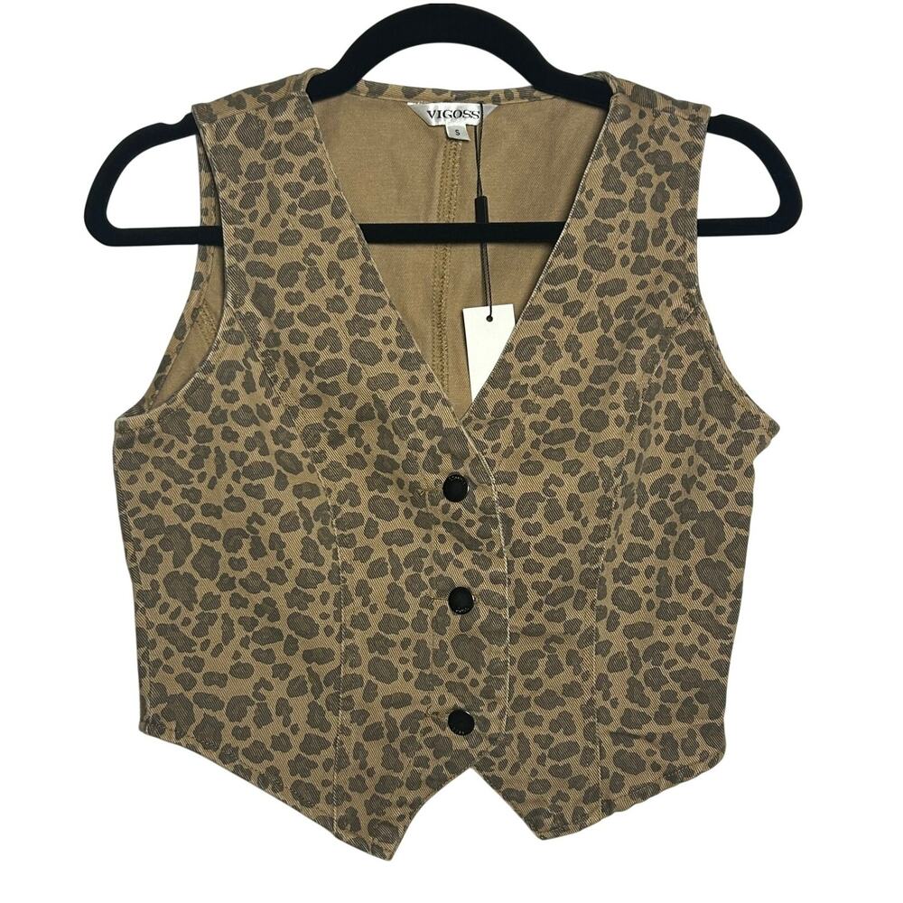 NWT Vigoss Leopard Animal Print Cropped Vest Waistcoat Tan Brown Denim Boho S